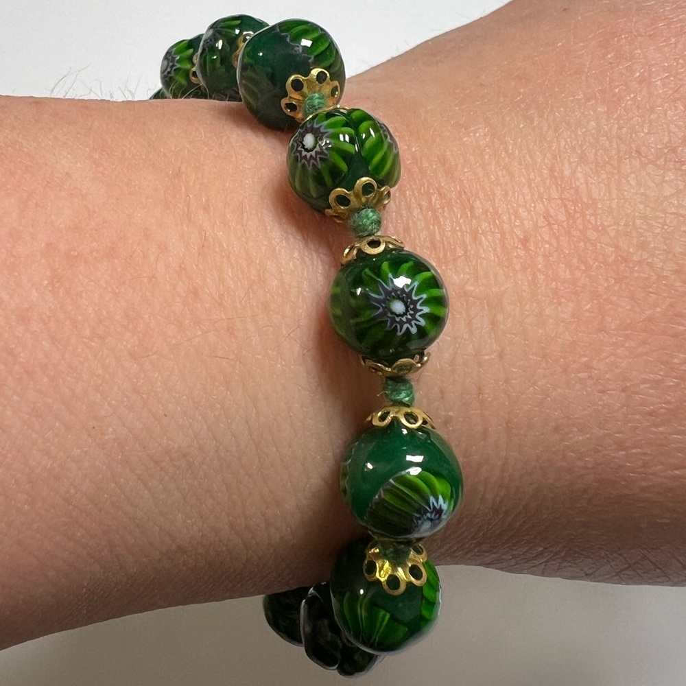 Beautiful Green Glass Cloissone Bead Gold Plated Bracelet